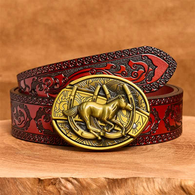 Men's DIY Bronze Galloping Horse Hidden Folding Knife Leather Belt