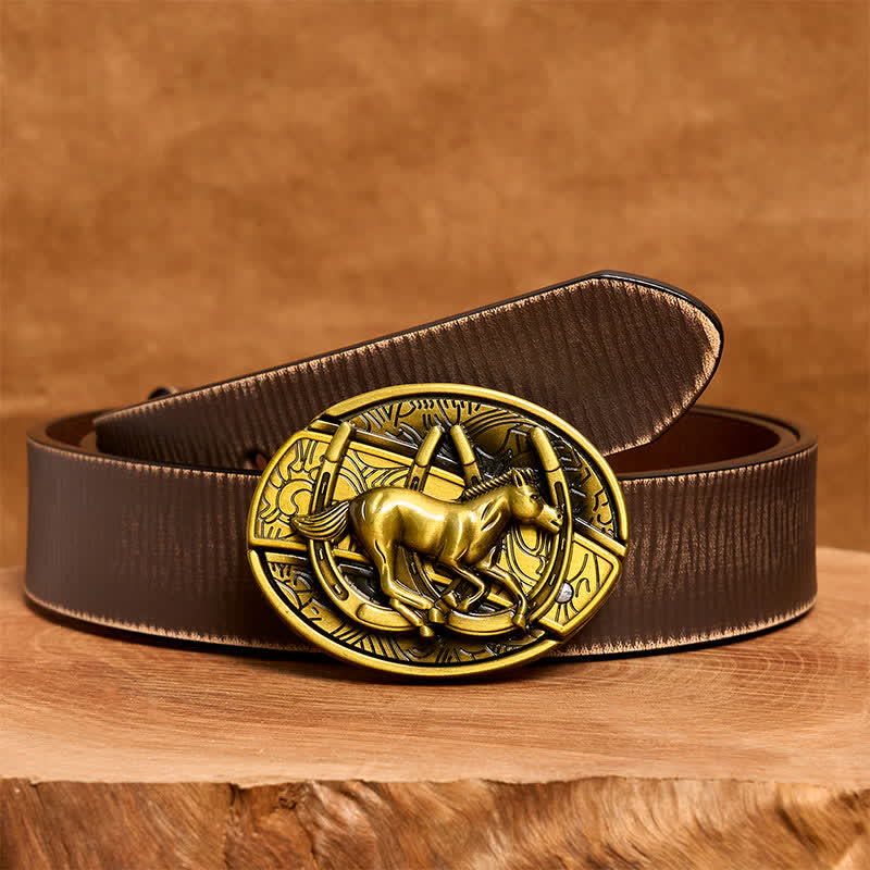 Men's DIY Bronze Galloping Horse Hidden Folding Knife Leather Belt