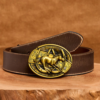 Men's DIY Bronze Galloping Horse Hidden Folding Knife Leather Belt
