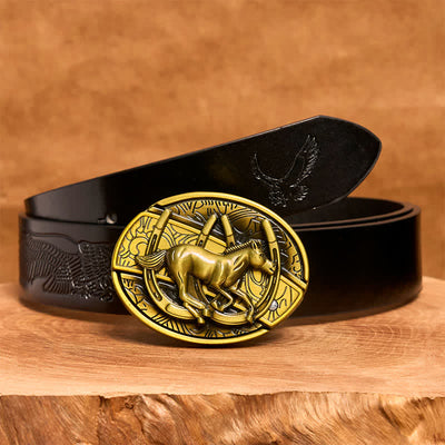 Men's DIY Bronze Galloping Horse Hidden Folding Knife Leather Belt