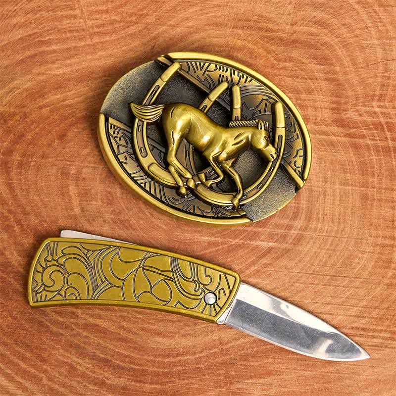 Men's DIY Bronze Galloping Horse Hidden Folding Knife Leather Belt