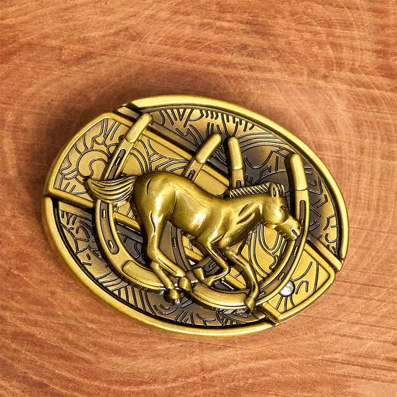Men's DIY Bronze Galloping Horse Hidden Folding Knife Leather Belt