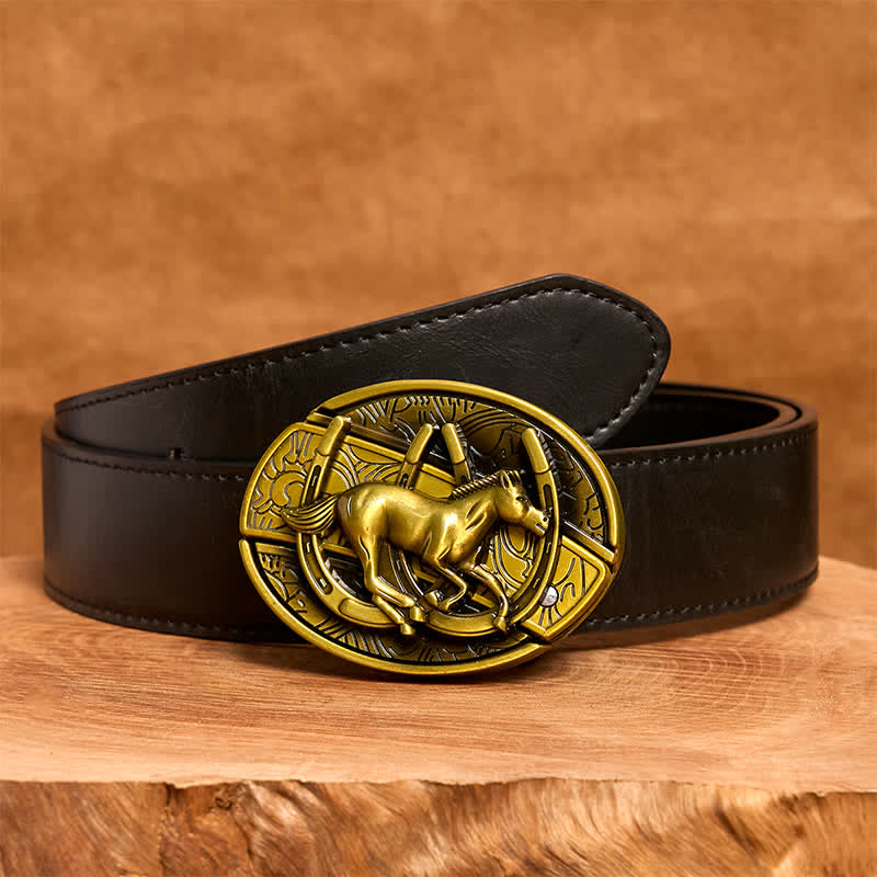 Men's DIY Bronze Galloping Horse Hidden Folding Knife Leather Belt