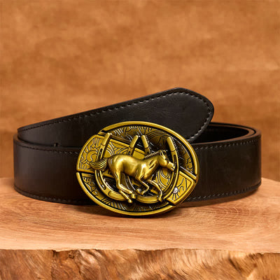 Men's DIY Bronze Galloping Horse Hidden Folding Knife Leather Belt