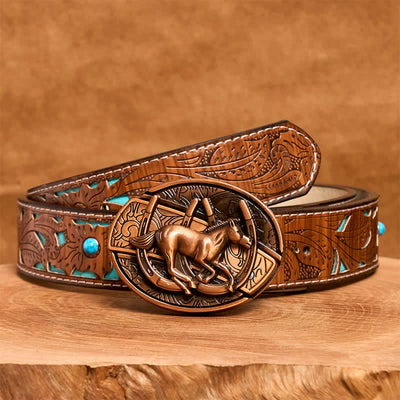 Men's DIY Red Bronze Galloping Horse Hidden Folding Knife Leather Belt