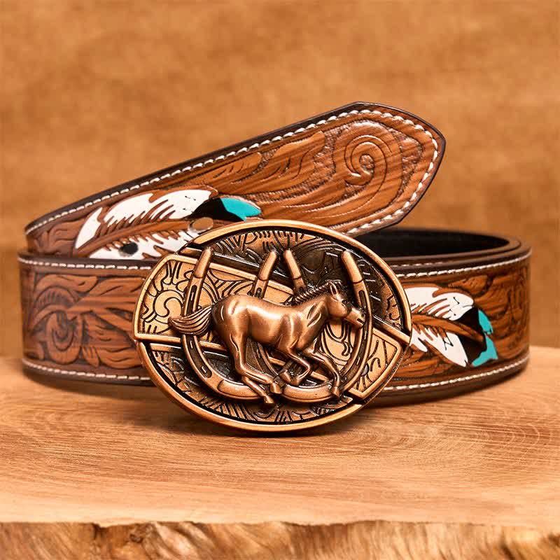 Men's DIY Red Bronze Galloping Horse Hidden Folding Knife Leather Belt