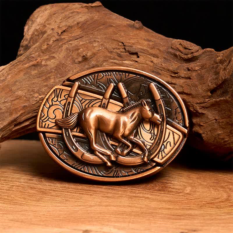Men's DIY Red Bronze Galloping Horse Hidden Folding Knife Leather Belt