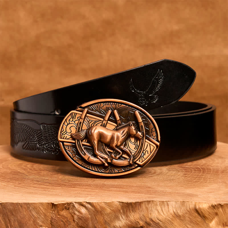 Men's DIY Red Bronze Galloping Horse Hidden Folding Knife Leather Belt