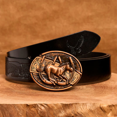 Men's DIY Red Bronze Galloping Horse Hidden Folding Knife Leather Belt