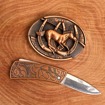 Men's DIY Red Bronze Galloping Horse Hidden Folding Knife Leather Belt
