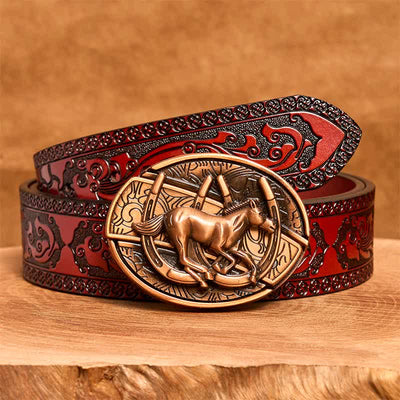Men's DIY Red Bronze Galloping Horse Hidden Folding Knife Leather Belt