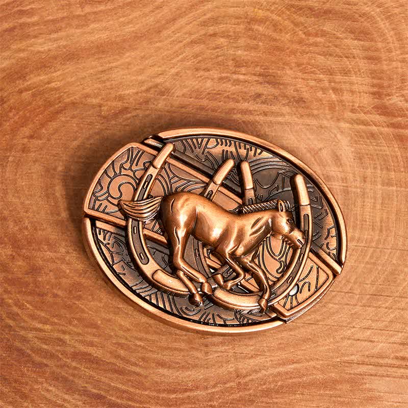 Men's DIY Red Bronze Galloping Horse Hidden Folding Knife Leather Belt