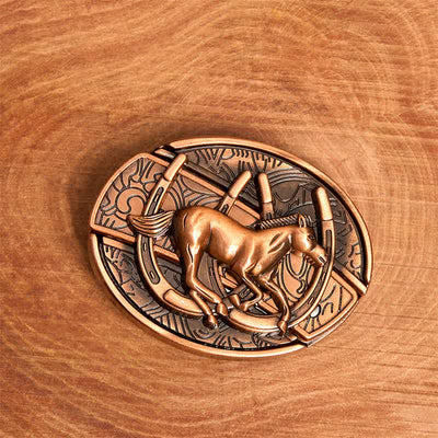 Men's DIY Red Bronze Galloping Horse Hidden Folding Knife Leather Belt