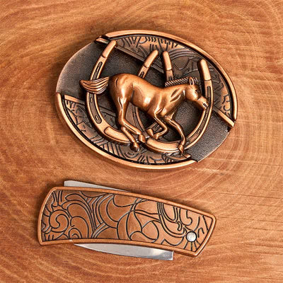 Men's DIY Red Bronze Galloping Horse Hidden Folding Knife Leather Belt
