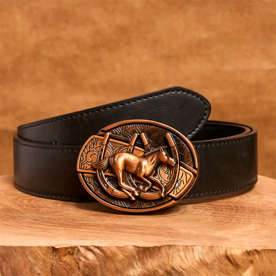 Men's DIY Red Bronze Galloping Horse Hidden Folding Knife Leather Belt