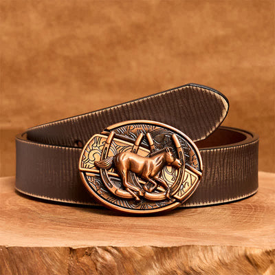 Men's DIY Red Bronze Galloping Horse Hidden Folding Knife Leather Belt