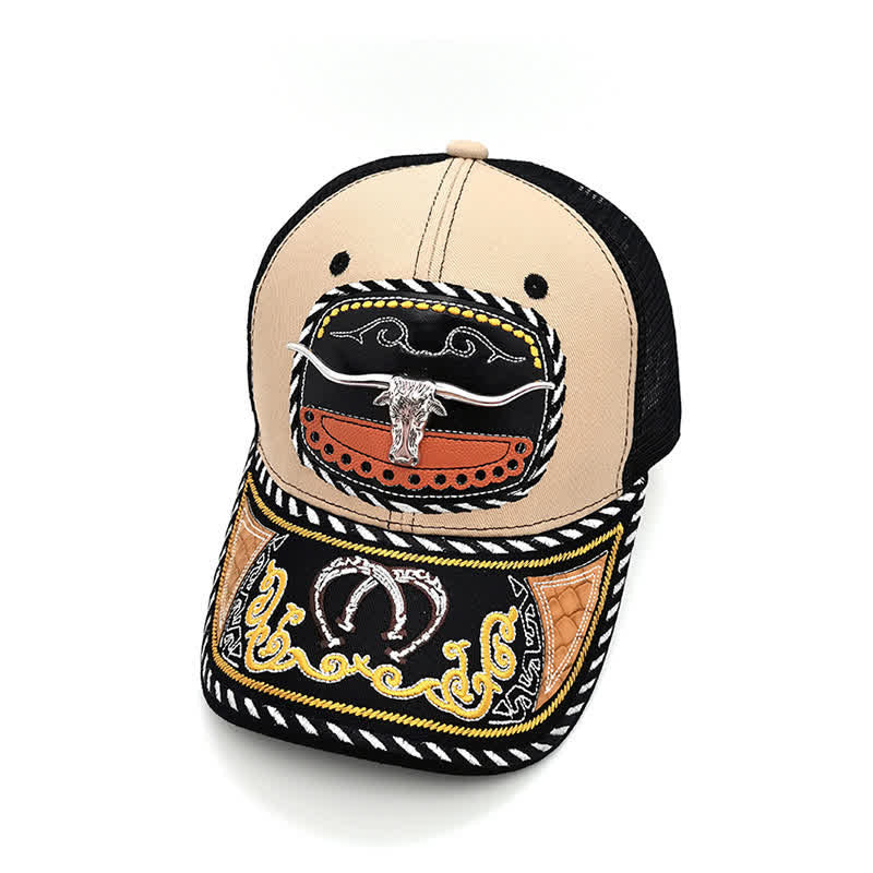 Beige Embroidery 3d Metal Decor Mexican Ethnic Mesh Truck Hat (Pre-Sale)