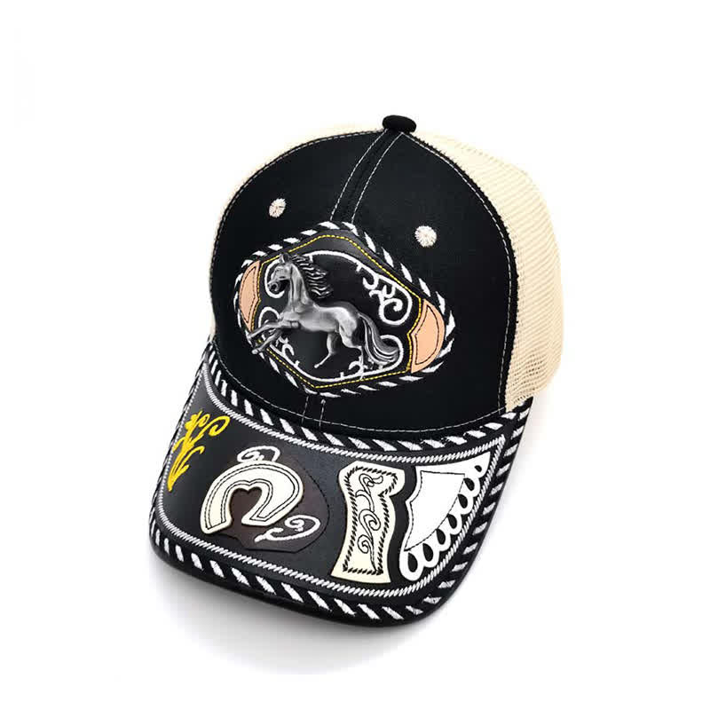 Black 3d Metal Decor Ethnic Mexican Beige Mesh Truck Hat (Pre-Sale)