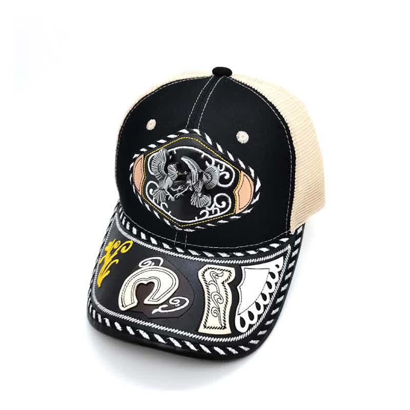 Black 3d Metal Decor Ethnic Mexican Beige Mesh Truck Hat (Pre-Sale)