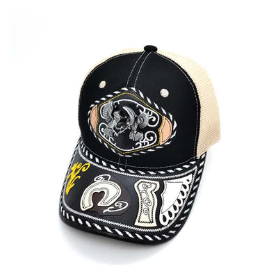 Black 3d Metal Decor Ethnic Mexican Beige Mesh Truck Hat (Pre-Sale)