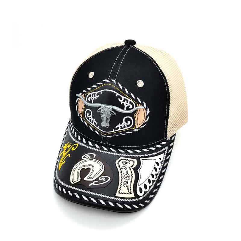 Black 3d Metal Decor Ethnic Mexican Beige Mesh Truck Hat (Pre-Sale)