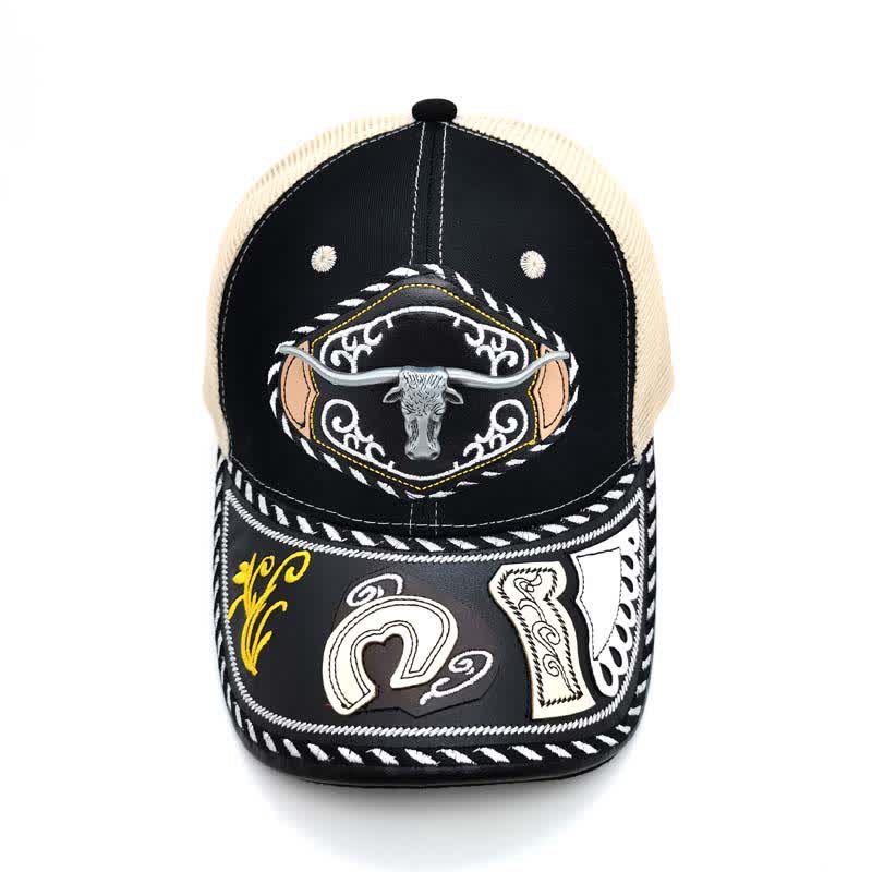 Black 3d Metal Decor Ethnic Mexican Beige Mesh Truck Hat (Pre-Sale)