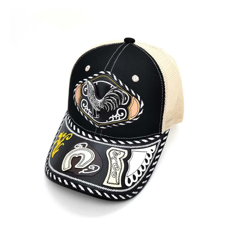 Black 3d Metal Decor Ethnic Mexican Beige Mesh Truck Hat (Pre-Sale)