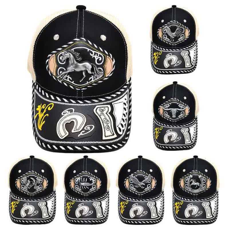 Black 3d Metal Decor Ethnic Mexican Beige Mesh Truck Hat (Pre-Sale)