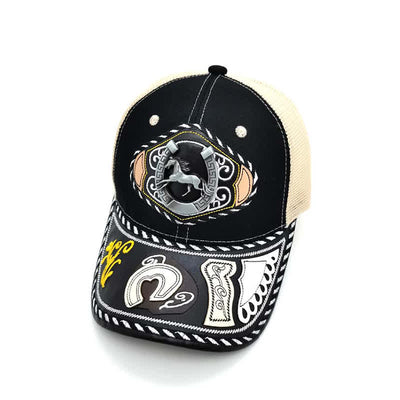 Black 3d Metal Decor Ethnic Mexican Beige Mesh Truck Hat (Pre-Sale)