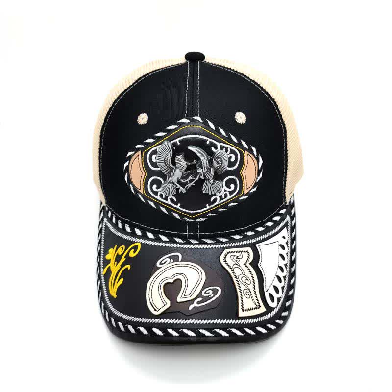 Black 3d Metal Decor Ethnic Mexican Beige Mesh Truck Hat (Pre-Sale)