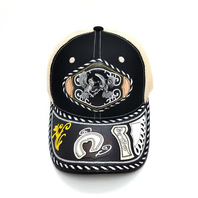 Black 3d Metal Decor Ethnic Mexican Beige Mesh Truck Hat (Pre-Sale)