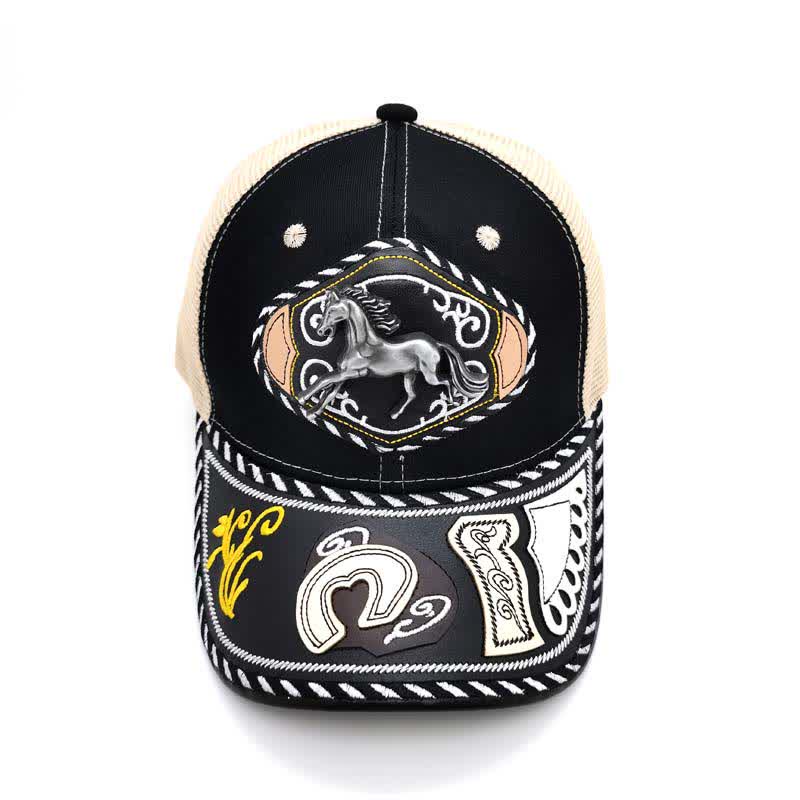 Black 3d Metal Decor Ethnic Mexican Beige Mesh Truck Hat (Pre-Sale)