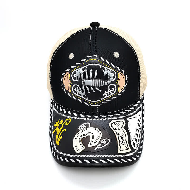 Black 3d Metal Decor Ethnic Mexican Beige Mesh Truck Hat (Pre-Sale)