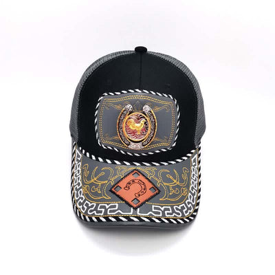 Gold 3d Horseshoe Metal Decor Ethnic Mexican Gray Mesh Truck Hat (Pre-Sale)