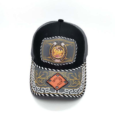 Gold 3d Horseshoe Metal Decor Ethnic Mexican Gray Mesh Truck Hat (Pre-Sale)