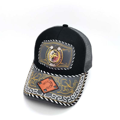 Gold 3d Horseshoe Metal Decor Ethnic Mexican Gray Mesh Truck Hat (Pre-Sale)