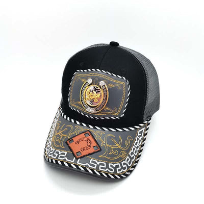 Gold 3d Horseshoe Metal Decor Ethnic Mexican Gray Mesh Truck Hat (Pre-Sale)
