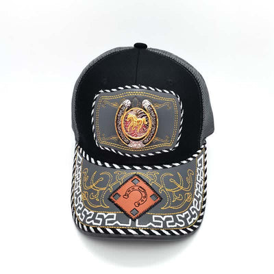 Gold 3d Horseshoe Metal Decor Ethnic Mexican Gray Mesh Truck Hat (Pre-Sale)