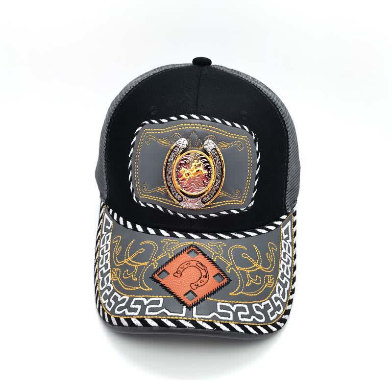 Gold 3d Horseshoe Metal Decor Ethnic Mexican Gray Mesh Truck Hat (Pre-Sale)