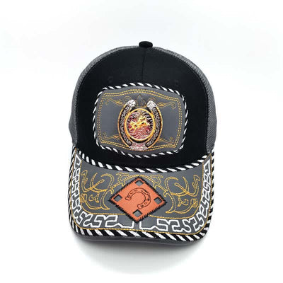 Gold 3d Horseshoe Metal Decor Ethnic Mexican Gray Mesh Truck Hat (Pre-Sale)