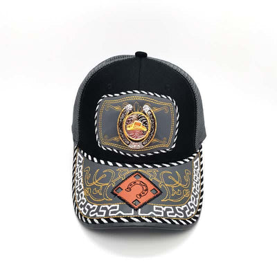 Gold 3d Horseshoe Metal Decor Ethnic Mexican Gray Mesh Truck Hat (Pre-Sale)