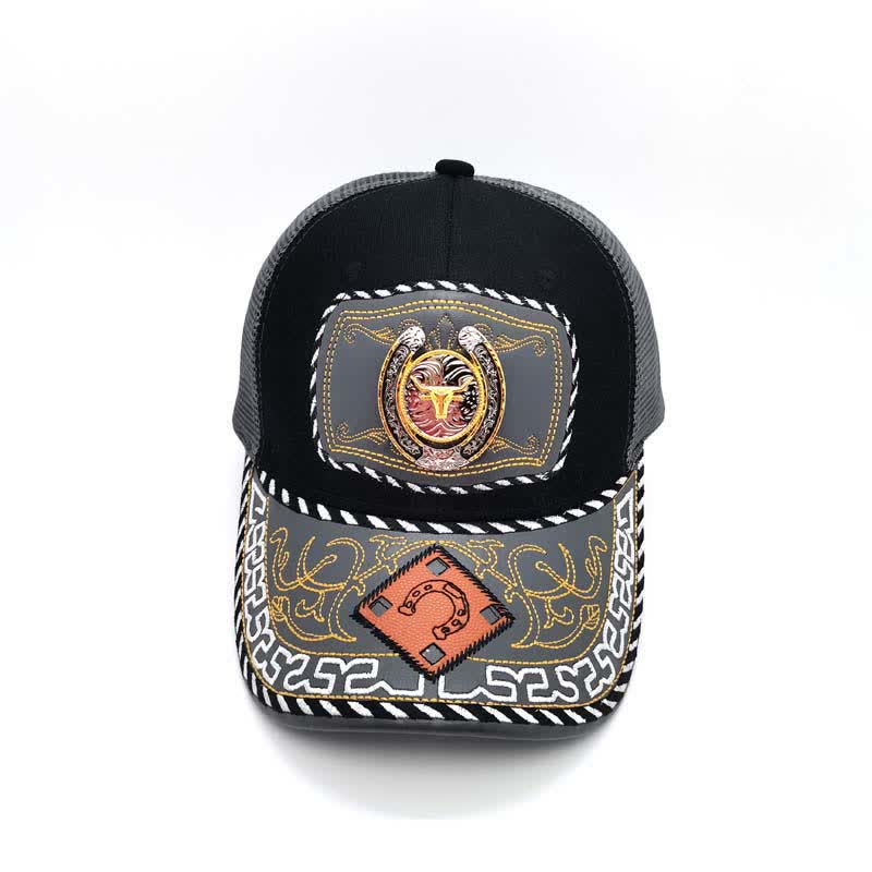 Gold 3d Horseshoe Metal Decor Ethnic Mexican Gray Mesh Truck Hat (Pre-Sale)
