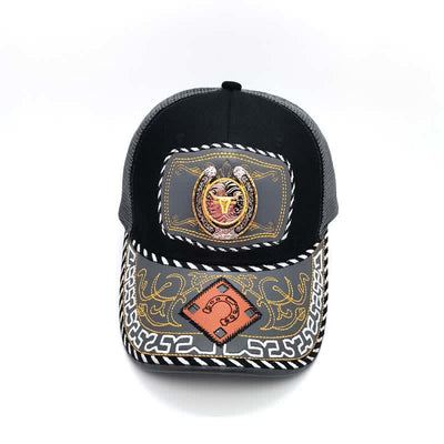 Gold 3d Horseshoe Metal Decor Ethnic Mexican Gray Mesh Truck Hat (Pre-Sale)