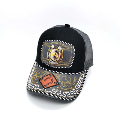 Gold 3d Horseshoe Metal Decor Ethnic Mexican Gray Mesh Truck Hat (Pre-Sale)