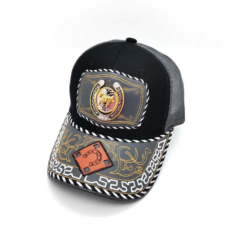 Gold 3d Horseshoe Metal Decor Ethnic Mexican Gray Mesh Truck Hat (Pre-Sale)
