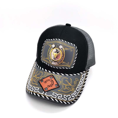Gold 3d Horseshoe Metal Decor Ethnic Mexican Gray Mesh Truck Hat (Pre-Sale)