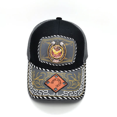Gold 3d Horseshoe Metal Decor Ethnic Mexican Gray Mesh Truck Hat (Pre-Sale)