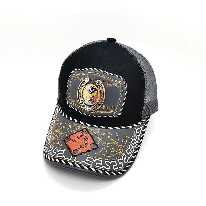 Gold 3d Horseshoe Metal Decor Ethnic Mexican Gray Mesh Truck Hat (Pre-Sale)