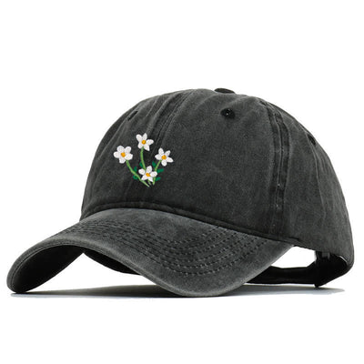 White Flowers Embroidery Floral Adjustable Baseball Cap