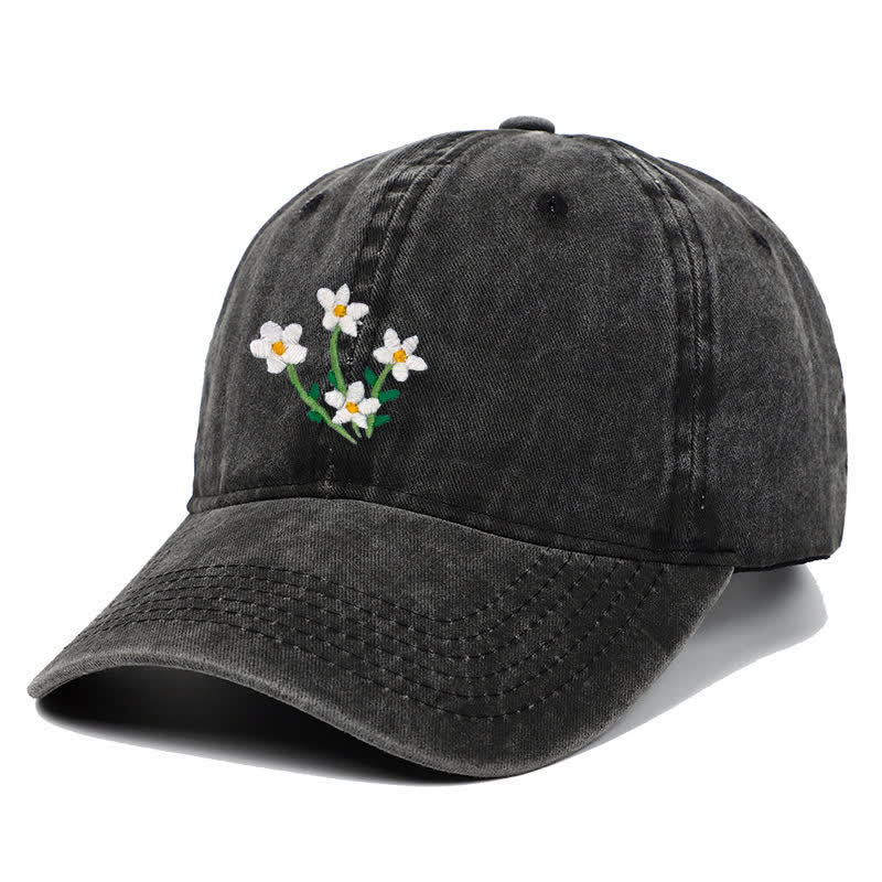 White Flowers Embroidery Floral Adjustable Baseball Cap